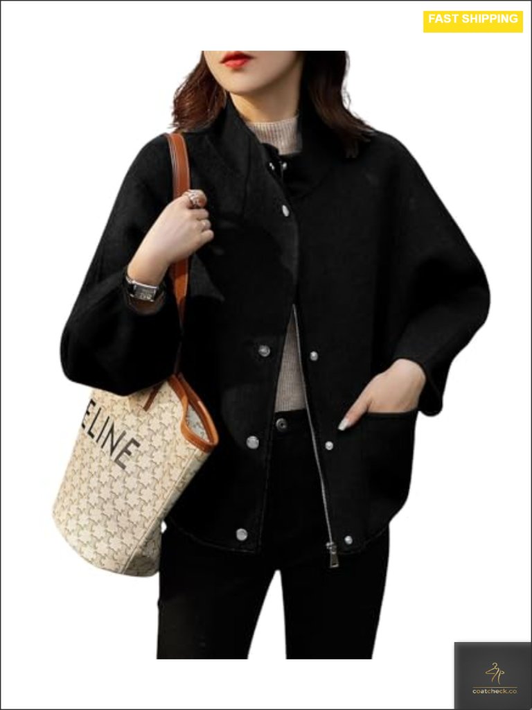 Women's Stand Collar Wool Blend Pea Coat Overcoat With Pockets